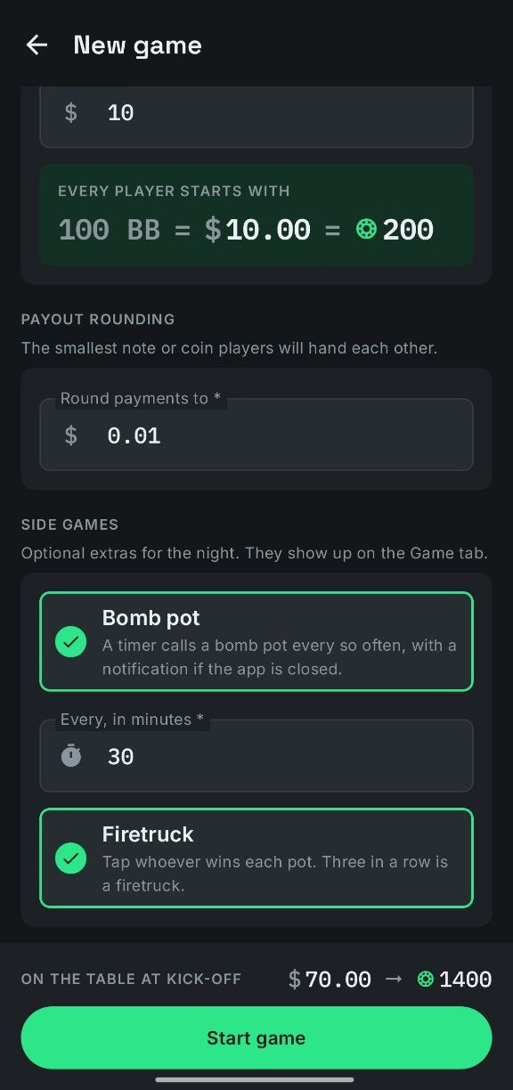 New game setup: starting stack, payout rounding and optional side games like bomb pot and firetruck