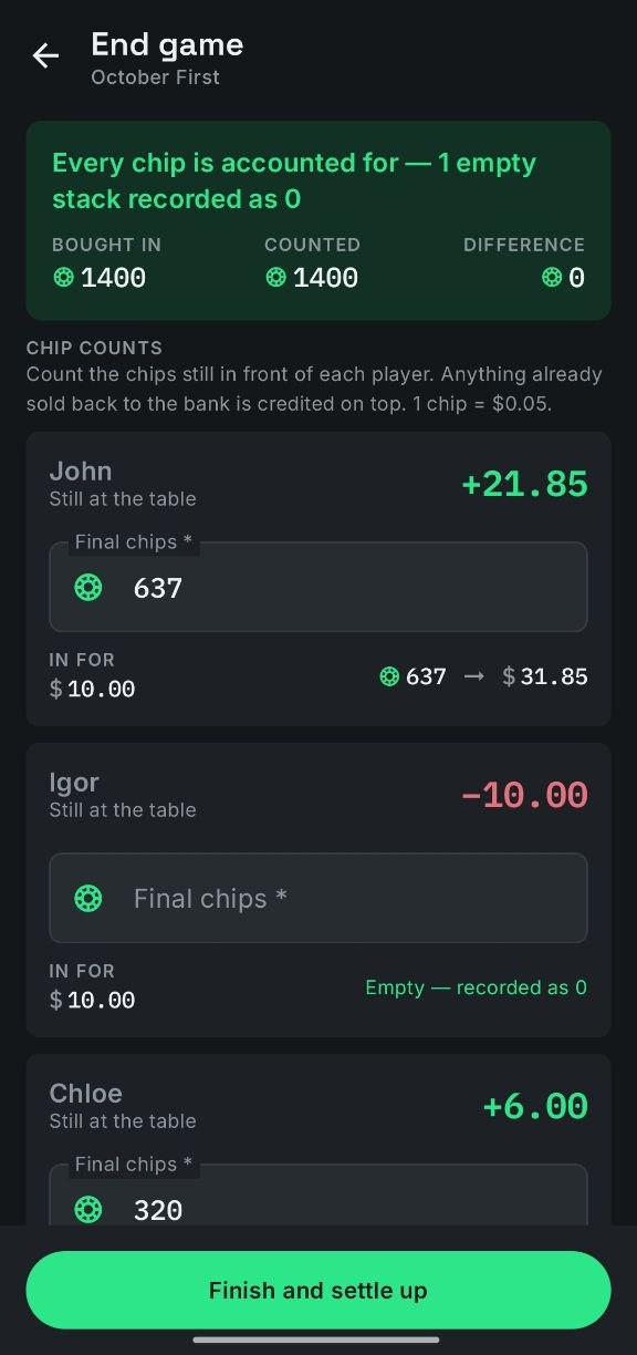 End game chip check confirming every chip is accounted for, with each player's final chips