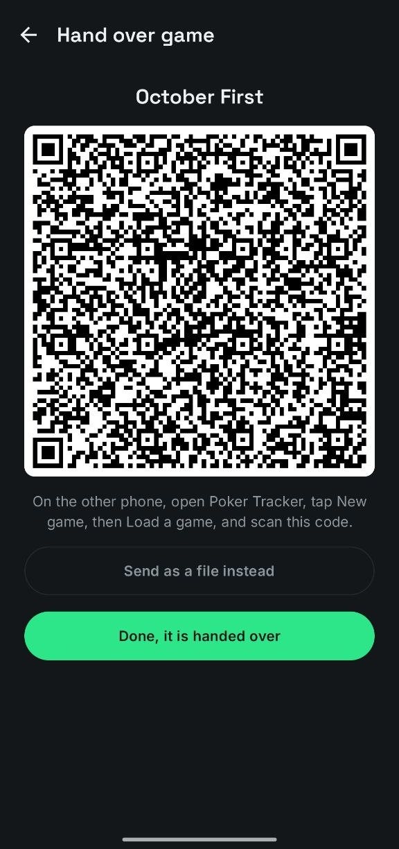 Hand over game: a QR code the other phone scans to load the running game, with an option to send it as a file instead